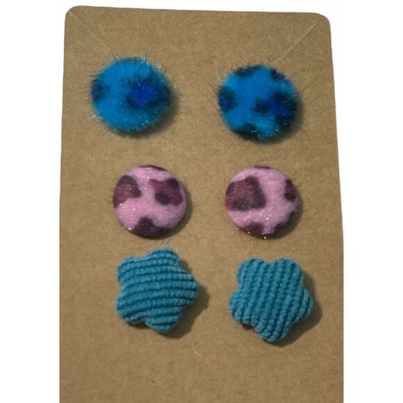 Stud Earrings Set Fuzzy Corduroy Cute Funky Earrings Set of 3 Pairs - Picture 1 of 4